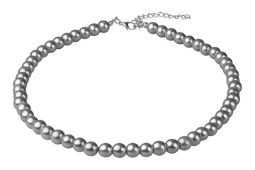 Dark grey big elegant necklace made of medium-sized round beads like pearls, fashion item in perspective, isolated on white background, clipping path included