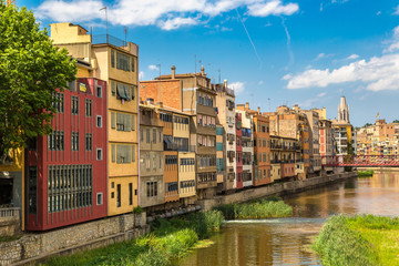 Colorful houses and Eiffel bridge in Girona