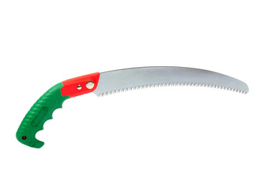 Hand saw with a green handle isolated on a white background