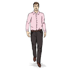 Vector Sketch Men Model in Long Sleeve Shirt and Trousers. Business dress code