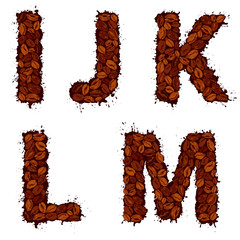 IJKLM, english alphabet letters, made of coffee beans, in grunge