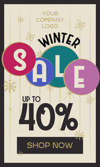 Web banner winter sale with snowflakes.