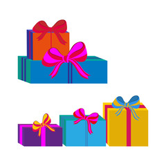 Set of different colorful wrapped gift boxes. Flat design. Beautiful present with bow. Symbol and icon for Christmas gift box. Isolated vector illustration.