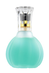 Woman sophisticated perfume turquoise glass bottle with transparent lid, luxury product isolated on white background, clipping path included