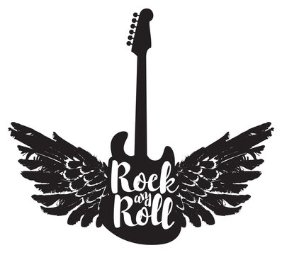 logo with the electric guitar and the words rock and roll with wings