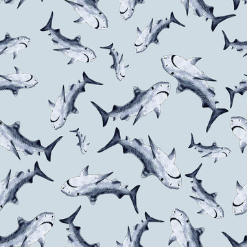 Elegant seamless pattern with abstract shark symbols, design ele