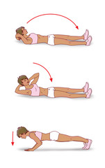 Exercise with dumbbells; A girl with short hair wearing shorts and t-shirt doing exercises with dumbbells: waving her arms and lunges forward on a white background
