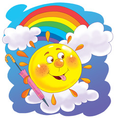 Naklejka premium Illustration of cute smiling sun. Coloring page. Funny cartoon character.