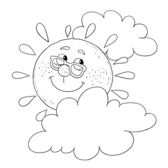 Illustration of cute smiling sun. Coloring page. Funny cartoon character.