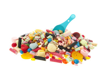 Mixed colorful candy on white background