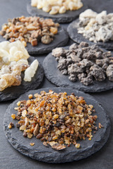 Various kinds of incense: myrrh, frankincense, messer, copaiba,elemi camonya