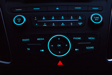 Dashboard with audio equipment in cabin of the modern new car
