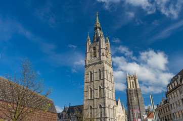 Fototapeta na wymiar Grand Belfry with clock in Ghent, Belgium
