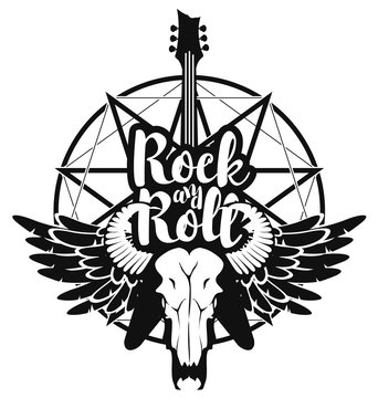 vector illustration with an electric guitar and skull of goat and wings with inscription rock and roll