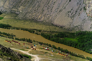 camping in the valley of the mountains. republic altai