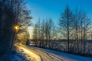 Golden sunlight streaking through the trees onto an snowy road