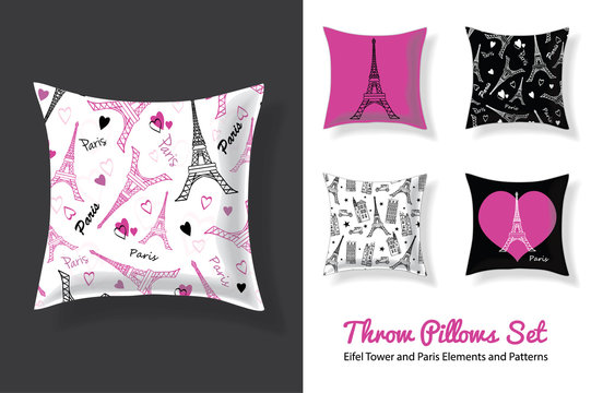Set Of Vector Throw Pillows In Matching Unique Eifel Tower, Paris Prints and Seamless Patterns. Square Shape. Editable Templates.
