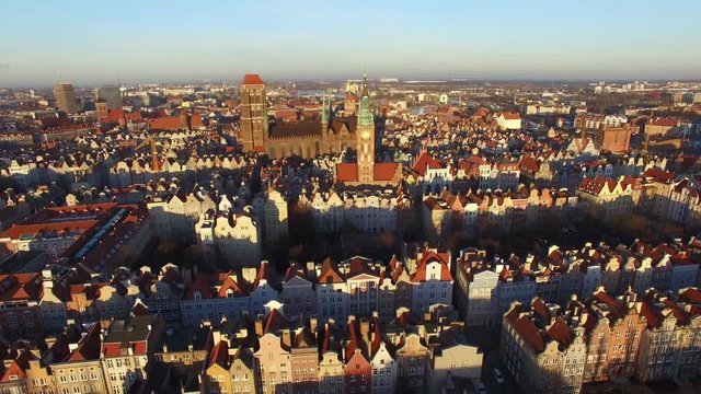Aerial Gdansk Old Town Skyline With Basilica City Hall And Town Houses