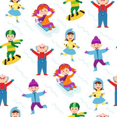 Winter kids seamless pattern vector illustration.