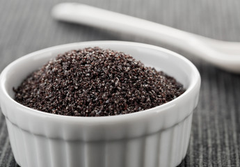 Poppy seeds in white bowl