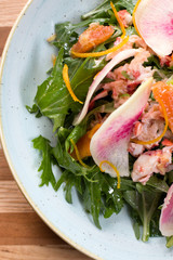 Lobster Salad - Cara cara orange, white balsamic vinaigrette, lobster sauce, tender greens, watermelon radish, candied cara cara orange peel.