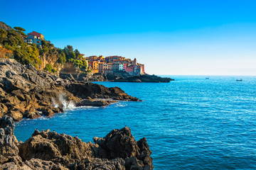 Tellaro rocks and village on the sea. Cinque terre, Ligury Italy