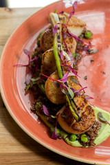 Seared  Jumbo Day Boat Scallops - English pea puree, glazed fiddle heads, grilled spring garlic, red quinoa, black garlic sea salt.