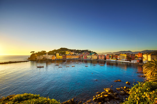 Sestri Levante, silence bay sea and beach on sunset. Italy