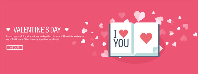 Vector illustration. Flat background with book. Love, hearts. Valentines day. Be my valentine. 14 february.