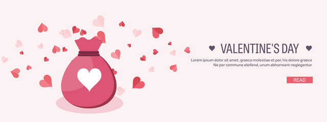 Vector illustration. Flat background with bag. Love, hearts. Valentines day. Be my valentine. 14 february. Message.