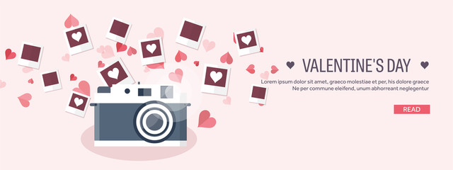 Obraz premium Vector illustration. Flat background with photos. Love, hearts. Valentines day. Be my valentine. 14 february.