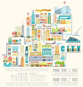 Infographic city map with building icons, ilustrator Vector