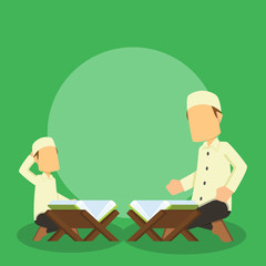 man teaching his son quran