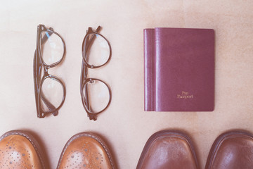 Overhead view of Traveler's accessories, Essential vacation items, Travel concept background, vintage background, love story, selective focus, go to see the world, save money for travel