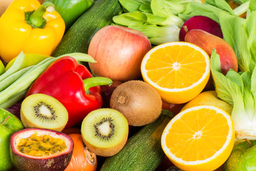 Fototapeta na wymiar Varios of fresh fruits and vegetables for eating healthy