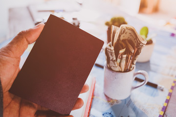 Overhead view of Traveler's accessories, Essential vacation items, Travel concept background, vintage background, love story, selective focus, save money to see the world
