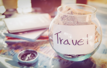 Overhead view of Traveler's accessories, Essential vacation items, Travel concept background, vintage background, love story, selective focus, save money to see the world