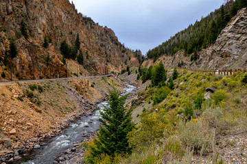 US Highway 40, Union Pacific's railroad (Moffat route) and upper Colorado river flowing in Byers Canyon between Hot Sulphur Springs and Kremmling
Grand County, Colorado, USA