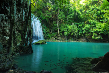 Breathtaking Green waterfall in deep forest, Erawan waterfall located Kanchanaburi Province , Thailand