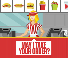 fast food restaurant waitress attending orders