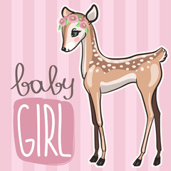 Little baby deer vector illutration. Birthday newborn babyshower card with cute fawn girl