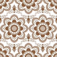Seamless pattern with brown and white mehndi lace of flower buta decoration items on white background.