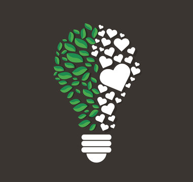 green leafs and hearts in light bulb shape , eco concept , thinking symbol  , World Environment Day 