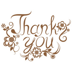 Hand lettering doodle words Thank you with flowers isolated on white background. Handmade calligraphy