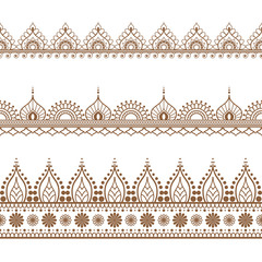 Border brown line lace mehndi elements in Indian style for card and tattoo isolated