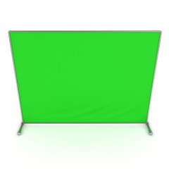 Obraz premium Billet press wall with green screen chroma key banner. Mobile trade show booth white and blank. 3d render isolated on white background. High Resolution Template for your design.