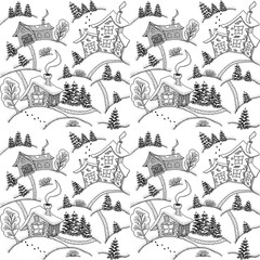 Паттерн. Зимний пейзаж с домиками и деревьями, черно-белый