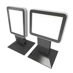 LCD Screen Stand. Blank Trade Show Booth. 3d render of lcd screen isolated on white background. High Resolution. Ad template for your expo design.