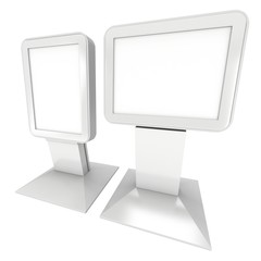 LCD Screen Stand. Blank Trade Show Booth. 3d render of lcd screen isolated on white background. High Resolution. Ad template for your expo design.