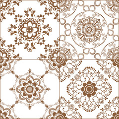 Set of 4 seamless indigo pattern of brown floor tiles from ornamental collection for glazed ceramic. Vintage Illustration